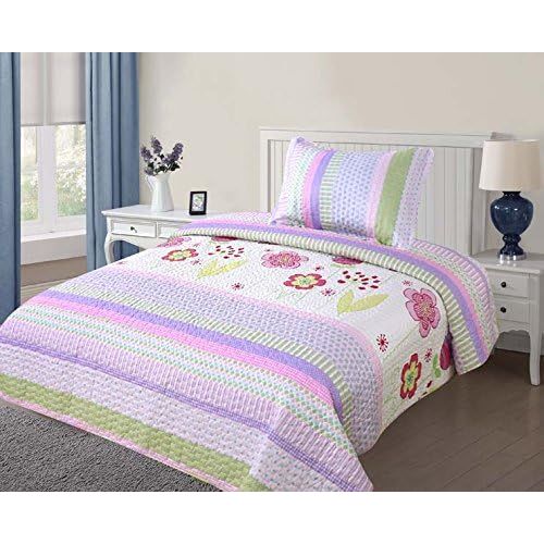  [아마존베스트]Goldenlinens Golden Linens Twin Size ( 1 Quilt, 1 Sham) Light Purple Pink Stripe Floral Kids Teens/ Girls Quilt Bedspread 07-16 Girls