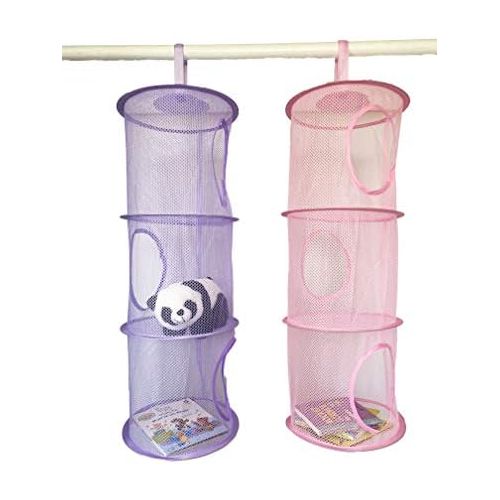  Goldenvalueable Hanging Mesh Space Saver Bags Organizer 3 Compartments Toy Storage Basket for Kids Room Organization mesh Hanging Bag 2 Pcs Set, Pink and Purple