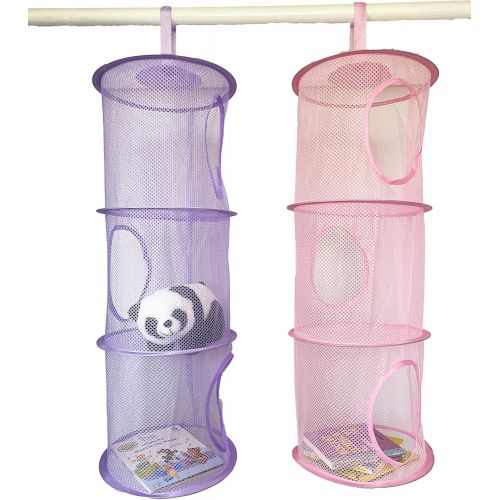  Goldenvalueable Hanging Mesh Space Saver Bags Organizer 3 Compartments Toy Storage Basket for Kids Room Organization mesh Hanging Bag 2 Pcs Set, Pink and Purple