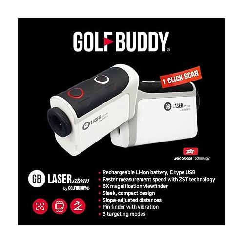  GOLFBUDDY Laser Atom, Sleeker Compact Design, Rechargeable Laser Rangefinder, Luxurious Leather Magnetic Case, Pin Finder with Vibration, 880 Yard Range Finder, Slope Adjusted Distance