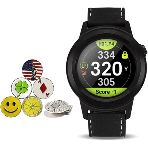  Golf Buddy Aim W10 Bluetooth Wireless Golf GPS Smartwatch Bundle with 5 Ball Markers and 1 Hat Clip - GPS Rangefinder Watch - Black