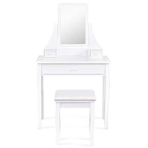  Golflame Vanity Set with 360 Degree Rotating Mirror and Cushioned Stool, Removable Makeup Top Organizer, Wooden Dressing Table Set with 3 Drawers, Multi-functional Writing Desk for