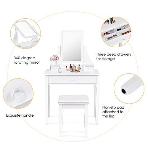  Golflame Vanity Set with 360 Degree Rotating Mirror and Cushioned Stool, Removable Makeup Top Organizer, Wooden Dressing Table Set with 3 Drawers, Multi-functional Writing Desk for