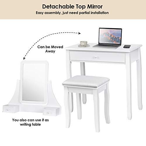  Golflame Vanity Set with 360 Degree Rotating Mirror and Cushioned Stool, Removable Makeup Top Organizer, Wooden Dressing Table Set with 3 Drawers, Multi-functional Writing Desk for