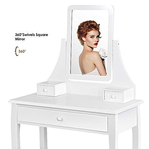  Golflame Vanity Set with 360 Degree Rotating Mirror and Cushioned Stool, Removable Makeup Top Organizer, Wooden Dressing Table Set with 3 Drawers, Multi-functional Writing Desk for