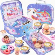 Golray Tea Party Set for Toddlers Girls Toys, Unicorn Gift for 3 4 5 6 Years Old, Tin Tea Set & Carrying Case & Food Treats Playset, Kids Kitchen Pretend Play for Age 3-6 Girls Birthday Gift Idea