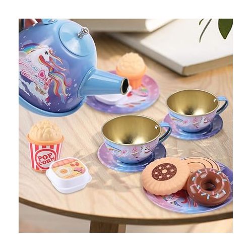  Golray Tea Party Set for Toddlers Girls Toys, Unicorn Gift for 3 4 5 6 Years Old, Tin Tea Set & Carrying Case & Food Treats Playset, Kids Kitchen Pretend Play for Age 3-6 Girls Birthday Gift Idea