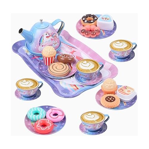  Golray Tea Party Set for Toddlers Girls Toys, Unicorn Gift for 3 4 5 6 Years Old, Tin Tea Set & Carrying Case & Food Treats Playset, Kids Kitchen Pretend Play for Age 3-6 Girls Birthday Gift Idea