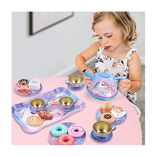  Golray Tea Party Set for Toddlers Girls Toys, Unicorn Gift for 3 4 5 6 Years Old, Tin Tea Set & Carrying Case & Food Treats Playset, Kids Kitchen Pretend Play for Age 3-6 Girls Birthday Gift Idea