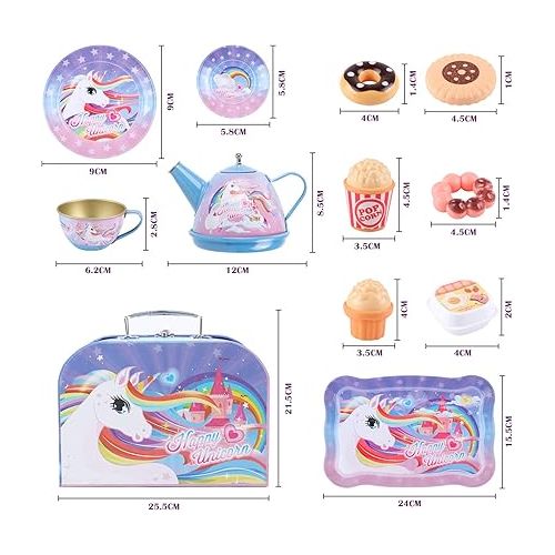  Golray Tea Party Set for Toddlers Girls Toys, Unicorn Gift for 3 4 5 6 Years Old, Tin Tea Set & Carrying Case & Food Treats Playset, Kids Kitchen Pretend Play for Age 3-6 Girls Birthday Gift Idea