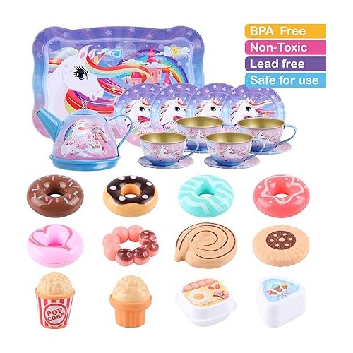 Golray Tea Party Set for Toddlers Girls Toys, Unicorn Gift for 3 4 5 6 Years Old, Tin Tea Set & Carrying Case & Food Treats Playset, Kids Kitchen Pretend Play for Age 3-6 Girls Birthday Gift Idea