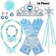 Golray 10 Pieces Princess Dress Up Accessories Princess Elsa Cinderella Little Mermaid Ariel Set for Girls with Crown Scepter Glove Necklace Bracelet Earrings Ring Hair Clip