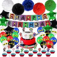 Golray 47Pcs Ninja Birthday Party Supplies Decorations for Boys Ninja Warrior with Happy Birthday Banner Cupcake Topper Paper Pom Poms Ninja Balloons Star Foil Balloon Ninjago Birt