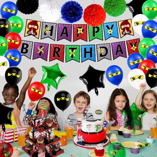  Golray 47Pcs Ninja Birthday Party Supplies Decorations for Boys Ninja Warrior with Happy Birthday Banner Cupcake Topper Paper Pom Poms Ninja Balloons Star Foil Balloon Ninjago Birt