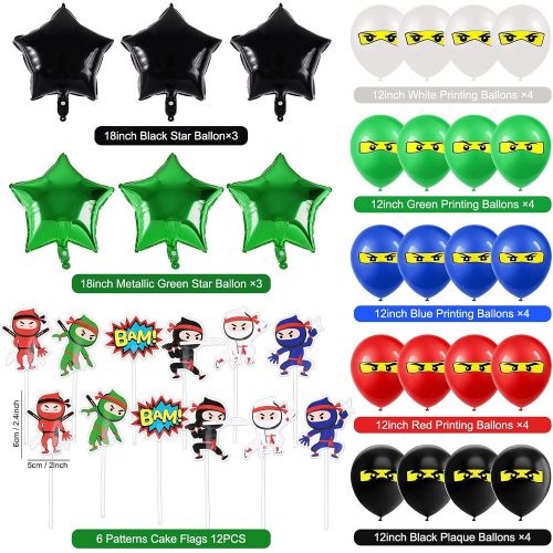  Golray 47Pcs Ninja Birthday Party Supplies Decorations for Boys Ninja Warrior with Happy Birthday Banner Cupcake Topper Paper Pom Poms Ninja Balloons Star Foil Balloon Ninjago Birt