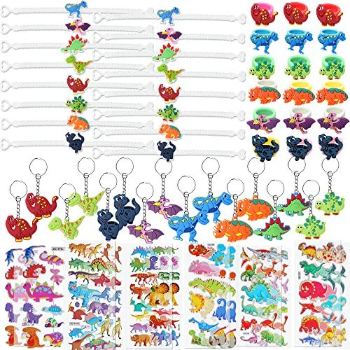 Golray 56 Pcs Dinosaur Party Favors Dinosaur Keychains Stickers Rings Bracelets Toys Prizes Gift Carnivals for Kids Boys Birthday Party Favor Goodie Bag Fillers Dinosaur Party Supplies