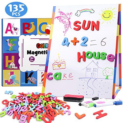  [아마존베스트]Golray Tabletop Magnetic Easel Whiteboard with Eraser, 8 Dry Erase Marker, 124 Magnetic Alphabets Letters Numbers, Homeschooling Supplies Dry Erase White Magnet Board for Kids Educ