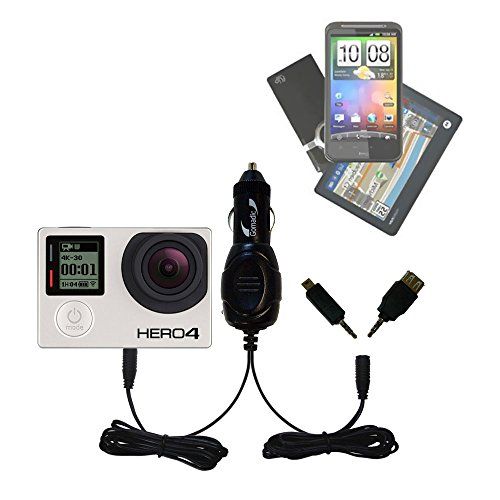  Gomadic Multi Port Mini DC Auto/Vehicle Charger Compatible with GoPro Hero4 / Hero 4 - One Charger with Connections for Two Devices Using upgradeable TipExchange