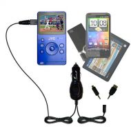 Gomadic Dual DC Vehicle Auto Mini Charger designed for the JVC Picsio GC-FM1 Pocket Video Camera - Uses Gomadic TipExchange to charge multiple devices in your car
