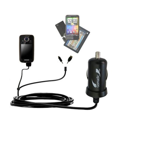  Gomadic Dual DC Vehicle Auto Mini Charger designed for the Samsung HMX-E10 Digital Camcorder - Uses Gomadic TipExchange to charge multiple devices in your car