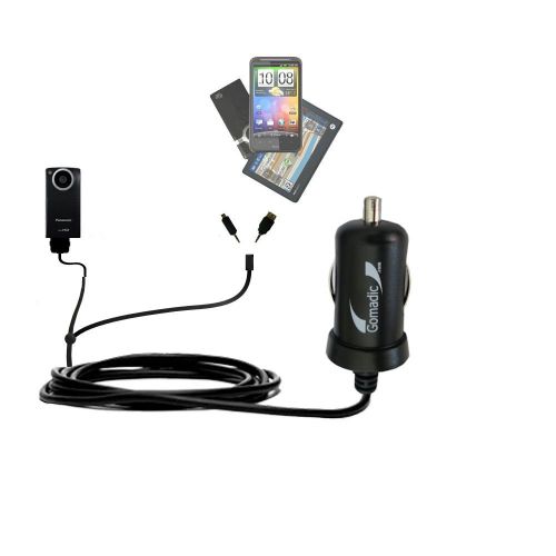  Double Port Micro Gomadic Car  Auto DC Charger suitable for the Panasonic HM-TA1H Digital HD Camcorder - Charges up to 2 devices simultaneously with Gomadic TipExchange Technology