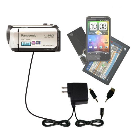  Gomadic Multi Port AC Home Wall Charger designed for the Panasonic HDC-SD80 Camcorder - Uses TipExchange to charge up to two devices at once