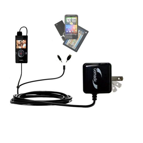  Gomadic Multi Port AC Home Wall Charger designed for the Coby CAM5002 SNAPP Camcorder - Uses TipExchange to charge up to two devices at once