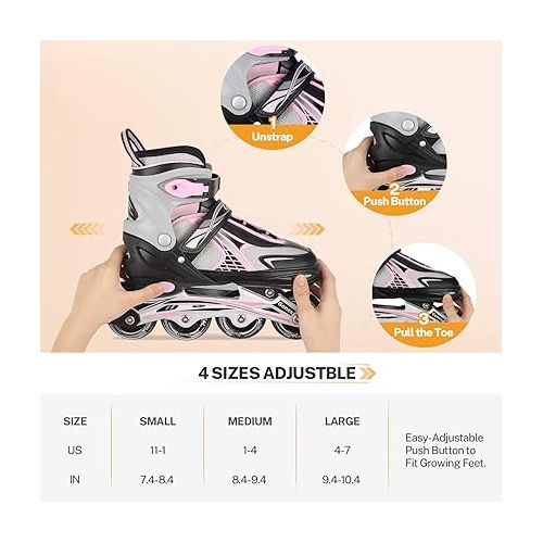  Gonex Inline Skates for Girls Boys Kids, Adjustable Skates Outdoor Blades Inline Roller Skates for Children Teens Women with Light Up Wheels for Indoor Outdoor Backyard Skating