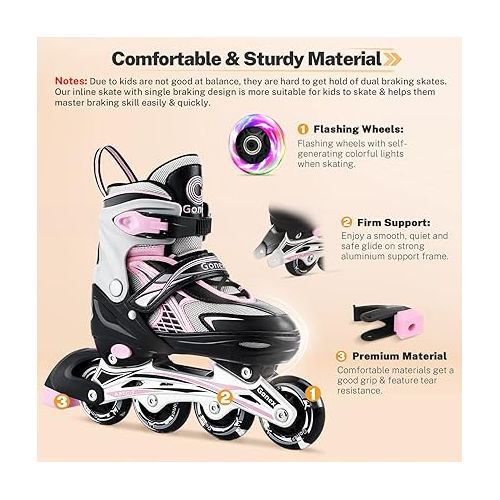  Gonex Inline Skates for Girls Boys Kids, Adjustable Skates Outdoor Blades Inline Roller Skates for Children Teens Women with Light Up Wheels for Indoor Outdoor Backyard Skating