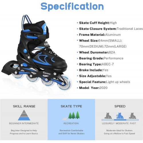  Gonex Adjustable Inline Skates for Kids and Adults - Roller Skates with Light Up Wheels, Outdoor Roller Blades Fun Illuminating for Boys and Girls Beginner