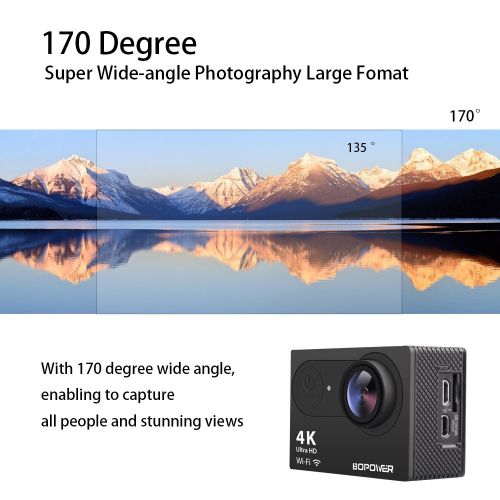  GooBang Doo 4K Action Camera, Bopower 60fps WIFI Sport Anti-Shake Waterproof Camera with 2.4G RF Remote, Full HD 2.0Display, 170 degree Ultra Wide Lens, 2Pcs 1050mah Batteries, Ton of Accessor