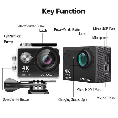  GooBang Doo 4K Action Camera, Bopower 60fps WIFI Sport Anti-Shake Waterproof Camera with 2.4G RF Remote, Full HD 2.0Display, 170 degree Ultra Wide Lens, 2Pcs 1050mah Batteries, Ton of Accessor