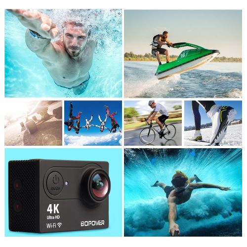  GooBang Doo 4K Action Camera, Bopower 60fps WIFI Sport Anti-Shake Waterproof Camera with 2.4G RF Remote, Full HD 2.0Display, 170 degree Ultra Wide Lens, 2Pcs 1050mah Batteries, Ton of Accessor
