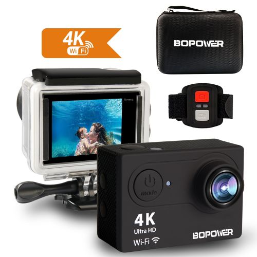  GooBang Doo 4K Action Camera, Bopower 60fps WIFI Sport Anti-Shake Waterproof Camera with 2.4G RF Remote, Full HD 2.0Display, 170 degree Ultra Wide Lens, 2Pcs 1050mah Batteries, Ton of Accessor