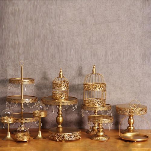  Gooday 12 Pcs/set Golden Cake Stands and Pastry Trays,Metal Birdcage Cupcake Dessert Pedestal/Display/Plate/Stands and Trays with Crystals and Beads,Party Birthday Party Wedding Decoratio