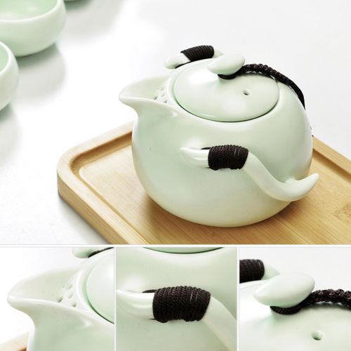  Goodbag Yixing Ceramic Teapot Chinese/Japanese Kungfu Teapot Purple Clay Teapot Travel Tea Set Porcelain Teapot, Teacups, Wooden Tea Tray, Portable Travel Bag (01879Green)