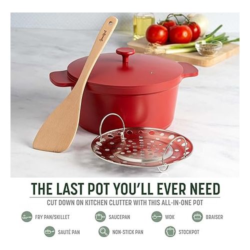  Goodful All-In-One Pot, Multilayer Nonstick, High Performance Cast Dutch Oven With Matching Lid, Roasting Rack And Turner, Made Without PFOA, Dishwasher Safe Cookware, 4.7-Quart, Crimson Red