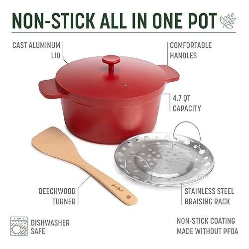  Goodful All-In-One Pot, Multilayer Nonstick, High Performance Cast Dutch Oven With Matching Lid, Roasting Rack And Turner, Made Without PFOA, Dishwasher Safe Cookware, 4.7-Quart, Crimson Red