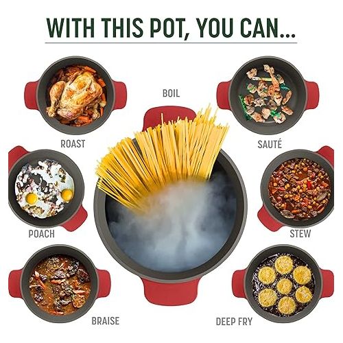  Goodful All-In-One Pot, Multilayer Nonstick, High Performance Cast Dutch Oven With Matching Lid, Roasting Rack And Turner, Made Without PFOA, Dishwasher Safe Cookware, 4.7-Quart, Crimson Red