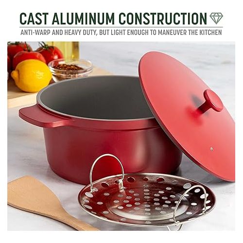  Goodful All-In-One Pot, Multilayer Nonstick, High Performance Cast Dutch Oven With Matching Lid, Roasting Rack And Turner, Made Without PFOA, Dishwasher Safe Cookware, 4.7-Quart, Crimson Red