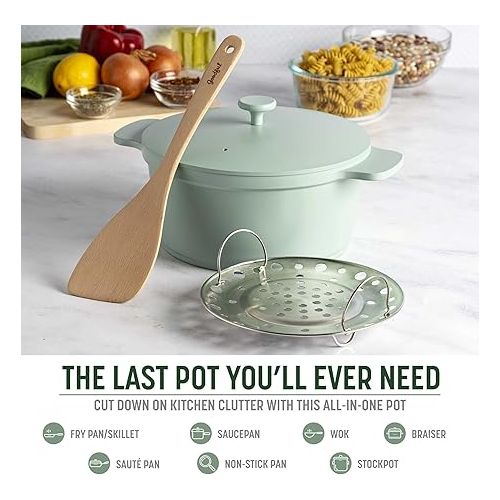  Goodful All-In-One Pot, Multilayer Nonstick, High Performance Cast Dutch Oven With Matching Lid, Roasting Rack And Turner, Made Without PFOA, Dishwasher Safe Cookware, 4.7-Quart, Sage Green
