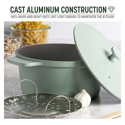  Goodful All-In-One Pot, Multilayer Nonstick, High Performance Cast Dutch Oven With Matching Lid, Roasting Rack And Turner, Made Without PFOA, Dishwasher Safe Cookware, 4.7-Quart, Sage Green