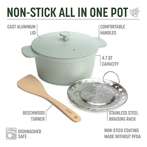  Goodful All-In-One Pot, Multilayer Nonstick, High Performance Cast Dutch Oven With Matching Lid, Roasting Rack And Turner, Made Without PFOA, Dishwasher Safe Cookware, 4.7-Quart, Sage Green