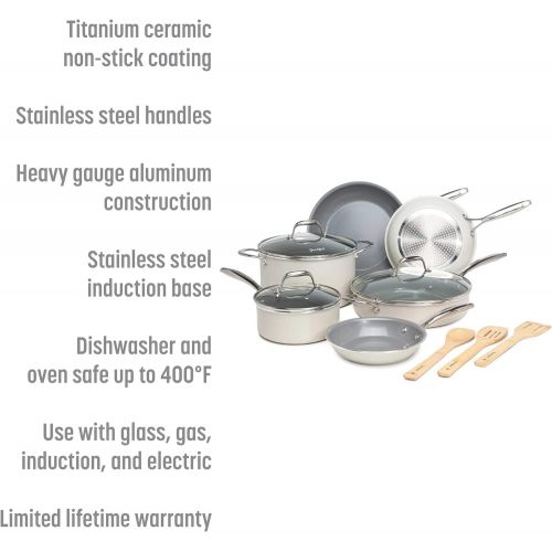  Goodful 12 Piece Cookware Set with Titanium-Reinforced Premium Non-Stick Coating, Dishwasher Safe Pots and Pans, Tempered Glass Steam Vented Lids, Stainless Steel Handles, Cream
