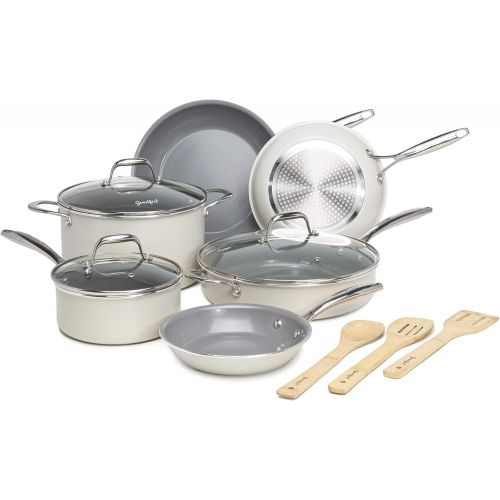  Goodful 12 Piece Cookware Set with Titanium-Reinforced Premium Non-Stick Coating, Dishwasher Safe Pots and Pans, Tempered Glass Steam Vented Lids, Stainless Steel Handles, Cream