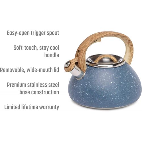  Goodful Stainless Steel Whistling Tea Kettle for Stovetop, Trigger Spout, Wood-Look Handle, 2.5 Quarts, Blue Speckle