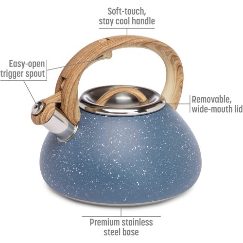  Goodful Stainless Steel Whistling Tea Kettle for Stovetop, Trigger Spout, Wood-Look Handle, 2.5 Quarts, Blue Speckle