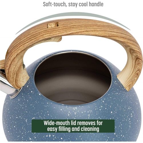  Goodful Stainless Steel Whistling Tea Kettle for Stovetop, Trigger Spout, Wood-Look Handle, 2.5 Quarts, Blue Speckle