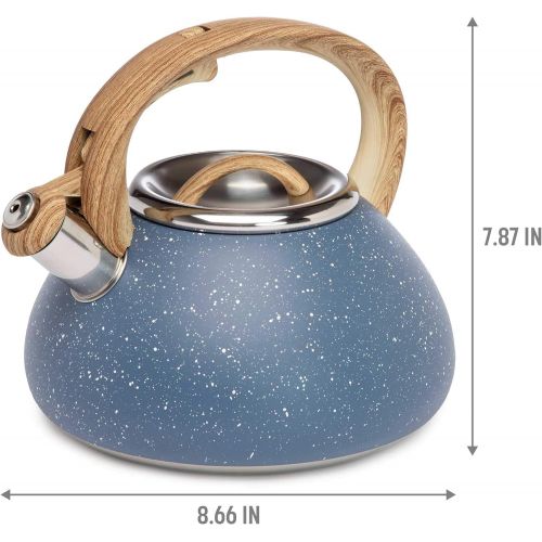  Goodful Stainless Steel Whistling Tea Kettle for Stovetop, Trigger Spout, Wood-Look Handle, 2.5 Quarts, Blue Speckle