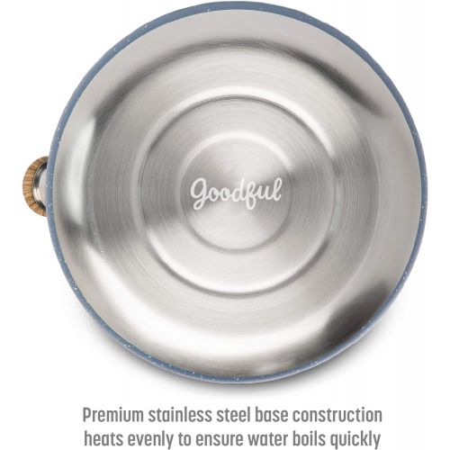  Goodful Stainless Steel Whistling Tea Kettle for Stovetop, Trigger Spout, Wood-Look Handle, 2.5 Quarts, Blue Speckle